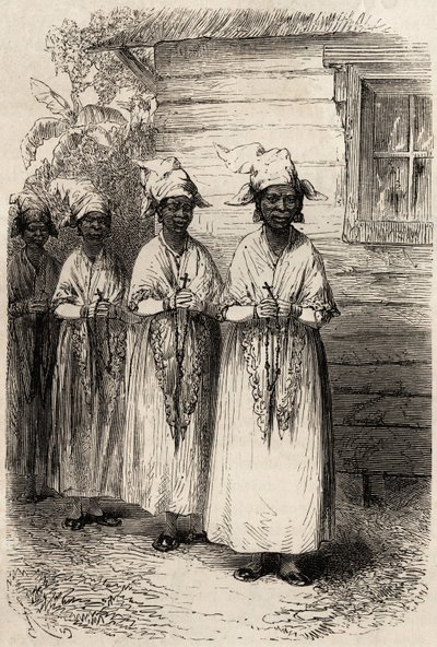 Indfødte kvinder i Guyana, ved den katolske procession af Fete Dieu. Gravering til illustration af rejsen i Fransk Guyana i 1862-1863 af Frederic Bouyer, kaptajn på fregat, i "" Le tour du monde, nouveau journal des voyages", udgivet under dir. af Unknown artist