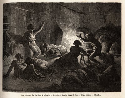 Inde i en Caribou Inn (Canada), ved midnat, synger berusede fangere og minearbejdere, og falder så til jorden eller falder i søvn i et tæppe. Gravering til illustration af rejsen fra Atlanterhavet til Stillehavet (route du nord ouest par les terres), i 186 af Unknown artist