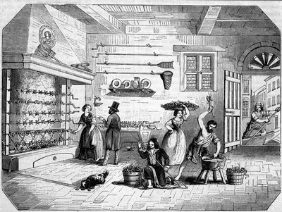 Inde i en marineålefabrik i Comacchio, Italien. af Unknown artist