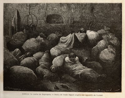 Inde i en rancho i Maynapata (Nedre Peru), overrasket af en snestorm, søger rejsende tilflugt i et mudderhytte og hviler sig og varmer sig midt i kartoffel- og majsposer. Gravering til illustration af rejsen i Quinquinas dale (Peru), af Pa af Unknown artist