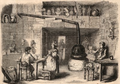 Inde i kabareten le Lapin Blanc (Kanin-Blanc), rue aux feves i Paris før dens nedrivning. Et værtshus, der går tilbage til monarkiets første tid. Indgravering I "" Le Monde illustrious"" fra 1862. Privat samling. af Unknown artist