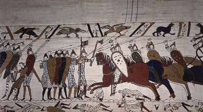 Intendant Wadard (til hest) og Guillaumes trupmænd - Bayeux-tapet, kendt som Broderi af Dronning Mathilde af Unknown artist