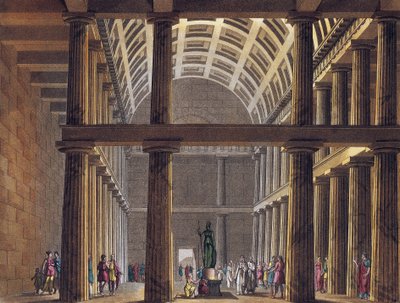 Interiør af Parthenon - Statue af gudinden Athena (Minerva) inde i Parthenon i Athen, Antikkens Grækenland - Indgravering omkring 1820 af Unknown artist
