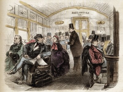 Interiør af en vogn på Baltimore & Ohio Railroad, USA - 1861 - interiør af en amerikansk vogn i 1860 af Unknown artist