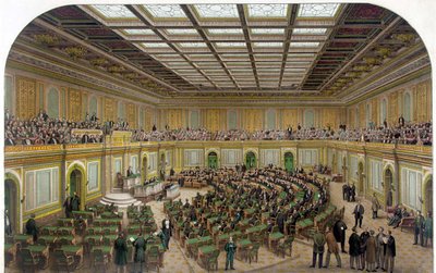 Indvendigt billede af Repræsentanternes Hus i US Capitol, der viser Kongressen i møde og tilskuerne i galleriet - Gravering 1866. af Unknown artist
