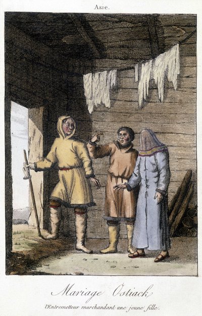 Mellemmand prutter en ung pige til et bryllup Ostiak (Khanty eller Khante) (palæosibirisk jægerstamme etableret i skovområdet i den midterste Ob-dal). af Unknown artist