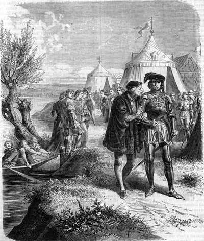 Interview mellem kong Ludvig XI og greven af Charolais (Karl Temeraire, hertug af Bourgogne (1433-1477) i september 1465. Indgravering af det 19. århundrede. af Unknown artist