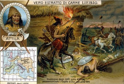 Hunnernes invasion under Attila, med tilnavnet Guds svøbe, i 444 - Liébigs reklamevignet af Unknown artist