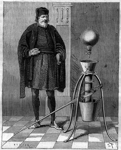 Opfindelse: Pneumatisk maskine af Otto de Guericke (Otto de Guericke) (1602-1686), tysk opfinder. Indgravering i "La Nature" af Unknown artist