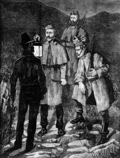 Irsk politipatrulje kontrollerer en mistænkt (1881). af Unknown artist