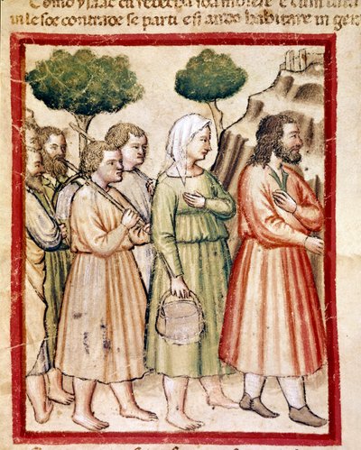 Isaac og hans familie, der lider af hungersnød, emigrerer til kong Abimelechs lande Miniature fra codex 212 (eller padovano codice eller Bible of Padua) 1390-1400 Rovigo, Accademia dei Concordi af Unknown artist