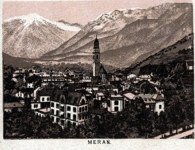 Italiensk Tyrol: udsigt over byen Meran (Merano). i "" Verden illustrerer 168 visninger"" Udateret (slutningen af 1800-tallet) af Unknown artist