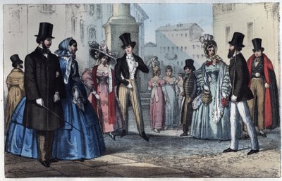 Italiensk mode i det 19. århundrede - gravering fra "" Anvendelser og skikke for alle folk i universet. Det vil sige historien om regeringen, lovene, militsen, om alle nationers religion fra de fjerneste tider til i dag "1856 af Unknown artist