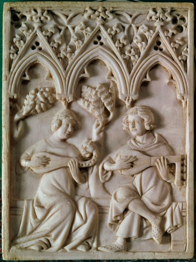 Elfenbenstablet, der repræsenterer to musikere. 14. århundrede. Paris, Nationalmuseet for middelalderen, Thermes de Cluny af Unknown artist