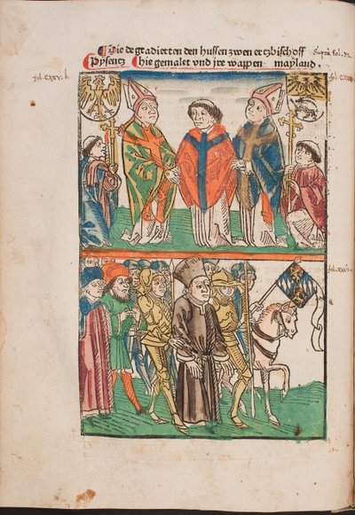 Jan Hus (1365-1415) livre au pouvoir seculier - Jan Hus overgivet til den verdslige magt (Illustration fra Richentalens illustrerede krønike), Anonym . Akvarel og blæk på papir af Unknown artist