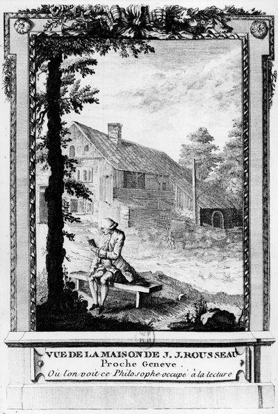 Jean Jacques Rousseau (1712-1778), fransktalende Genève-forfatter og filosof; set fra hans hus (nær Genève). af Unknown artist