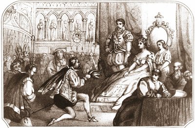 Jean Nicot præsenterer tobaksplanten til Catherine de Medicis (Caterina de Medici) og Grand Prior for House of Lorraine. 1500-tallets litografi omkring 1868. af Unknown artist