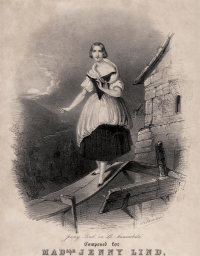 Jenny Lind, svensk sopran, i søvngængerscenen i Bellinis La sonnambula af Unknown
