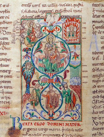 Jesse træ omgiver symboler på jomfruelighed Jomfruen er designet af navnet byzantinsk af Theotokos. Miniature taget fra "Lectiaire de Citeaux"" Dijon fra det 12. århundrede, kommunalt bibliotek af Unknown artist