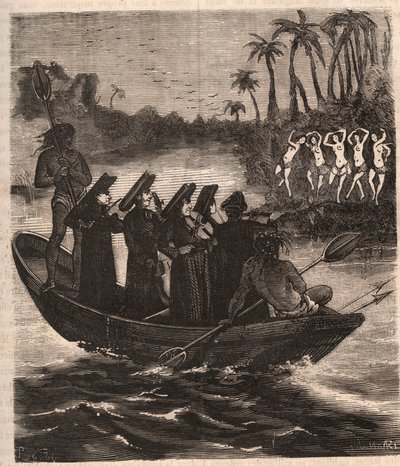 Jesuitermissionærer ankommer med båd blandt Guarani-indianerne i Paraguay i 1553 - Indgravering af 1879 i "History of Secrete, Political and Religious Societes" af Pierre Zaccone (1817-1895) af Unknown artist