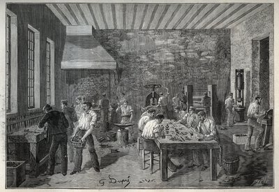 Smykker: stålsmykkefabrik. Indgravering fra 1885 i "" Les arts et metiers illustres"" af Adolphe BITARD. af Unknown artist