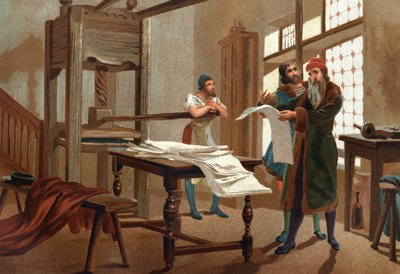Johannes Gutenberg (1400-1468), tysk bogtrykker, der trykker det første ark af Bibelen. efter berømte mænd og kvinder. Barcelona 1877. af Unknown artist