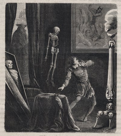 John Chatel (Chastel) (1575-1594) spærret inde af jesuiterne i meditationskammeret - før hans mordforsøg på kong Henrik IV af Frankrig den 27. december 1594. Indgravering af 1879 i "Histoire des societes secretes, politiques et religieuses" ved af Unknown artist