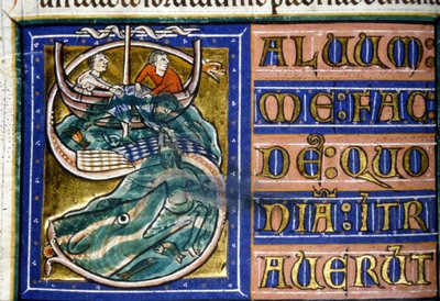Jonas bliver kastet i havet og fortæret af en kæmpe fisk. 14. århundredes manuskript. Kommunal Bibl. af Vercelli. af Unknown artist