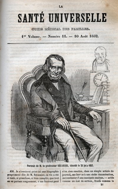 Joseph Claude Anthelme Recamier (1774-1852), fransk kirurg - gravering i "La Sante Universelle - Guide Medical des Familles"" 1852 af Unknown artist