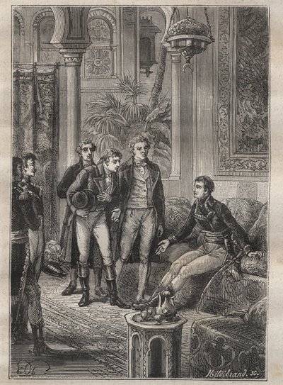 Rejse (1798) af Frederic Conrad (Konrad) Hornemann (1772-1801) til Fezzan (Libyen): Hornemann bliver budt velkommen af Bonaparte i Cairo (Ægypten) - illustration fra "The Great Mariners of the 18th century"" af Unknown artist