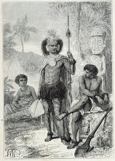 Kaptajn James Cooks rejse (1728-1779): indfødte på Marquesas-øerne - illustration taget fra "The Great Mariners of the 18th century"" af Unknown artist