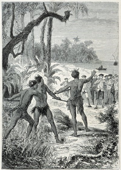 Kaptajn James Cooks (1728-1779) rejse til New Guinee: det første møde med de indfødte, illustration taget fra "The Great Mariners of the 18th century"" af Unknown artist