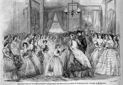 Kejser Napoleon III (1808-1873) og hans hustru Eugenie de Montijos (1826-1920) rejse til hertugen af Savoyen efter annekteringen af greven af Savoyen (Marts Torino-traktaten): her møder det kejserlige par på besøg i Grenoble unge piger, som kom til at præs af Unknown artist
