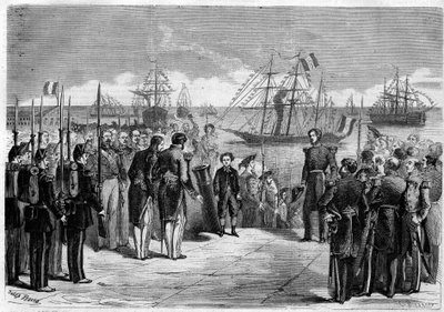 Hans Majestæt den kejserlige Prins Napoleon Eugene Louis Jean Joseph Bonaparte (1856-1879), søn af Napoleon III, til Cherbourg, Frankrig: Prinsen om bord på yachten "Queen Hortense"". Indgravering i ""Det illustere univers"" af Unknown artist
