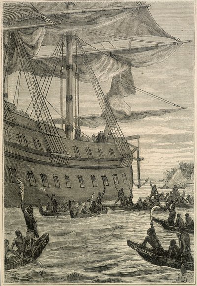 Journey of Samuel Wallis (1728-1795) til Polynesien: Indfødte mennesker, der holder banangrene i hånden som en velkommen hilsen - illustration fra “The Great Mariners of the 18th Century” " af Unknown artist