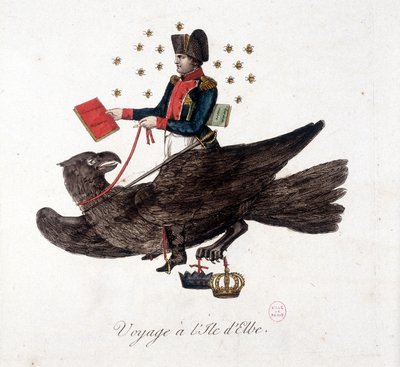 Rejsen til Elba-øen: Napoleon rider på en ørn, holder bøgerne om militær værnepligt og masseløft af soldater - i "" Napoleon 1st, karikaturer, dummy-samling"", ca. 1814 af Unknown artist