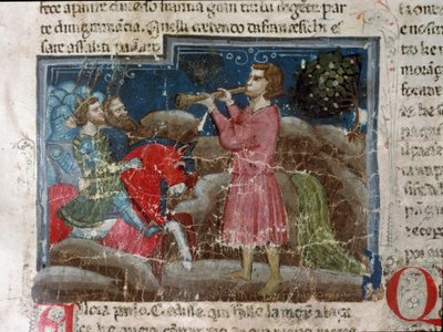 Jules Cesar (101-44 f.Kr.) henvender sig til sine krigere. Detalje af en manuskriptside "" The Facts of the Romans"" (Ms 1538, fol 15r) omkring 1340 Firenze, Biblioteca Riccardiana af Unknown artist