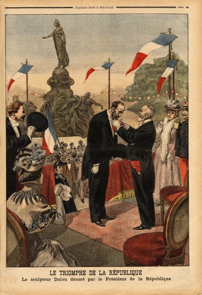 Jules Dalou (1838-1902) billedhugger, dekoreret æreslegionen af republikkens præsident Emile Loubet (1838-1929), i anledning af indvielsen af statuen "Republikkens triumf"" på Place de la Nation i Paris. Indgravering i "" af Unknown artist