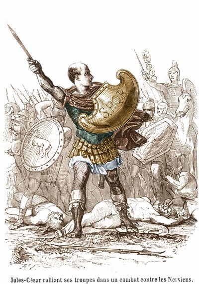 Julius Cæsar samler sine tropper i en kamp mod Nerviens - gravering af Unknown artist