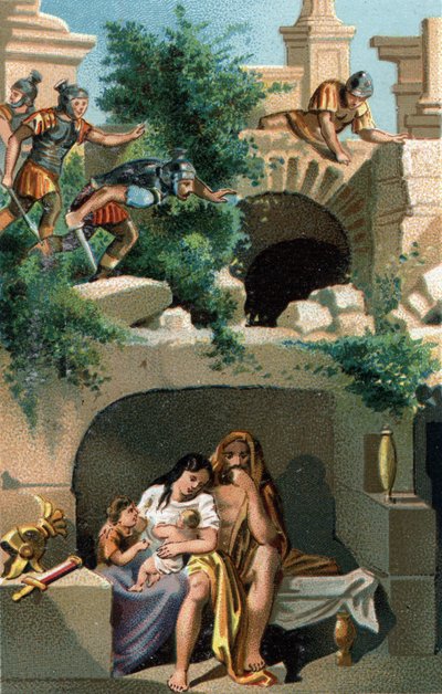 Julius Sabinus (Gallerne fra Lingons-folket) og hans kone Eponine forbliver skjult i ni år med deres børn i en underjordisk og derefter opdaget, de bliver ført til Rom sammen med hans to tvillingesønner. Sen kromolitografi af det 19. århundrede. af Unknown artist