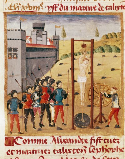 Kong Alexander den Store (356-323 f.Kr.) overværer henrettelsen af den ædle Calixten Cephobe ved at hænge""" Miniature taget fra "" Book of Facts of Alexander the Great""" af Quintus Curtius Rufus (1. århundrede) (ms 1335, fol. 167 v af Unknown artist