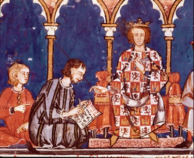 Kong Alfonso X den kloge mand hjælper med at skrive. Detalje af en miniature fra Bogen om skak, terninger og borde af Alfonso X den Vise (1221-1284). 1282. St. Lawrence af The Scorial. Det Kongelige Bibliotek af Unknown artist