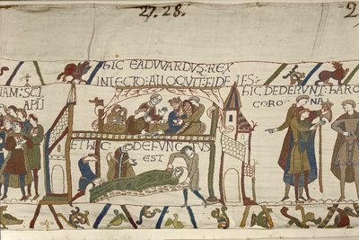 Kong Edward Bekenderen på sit dødsleje, Bayeux-tapet (uldbroderi på hør) af Unknown artist