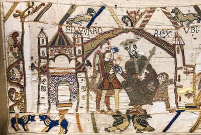 Kong Edward Bekenderen sender Harold til Normandiet, Bayeux Tapestry (uldbroderi på hør) af Unknown artist