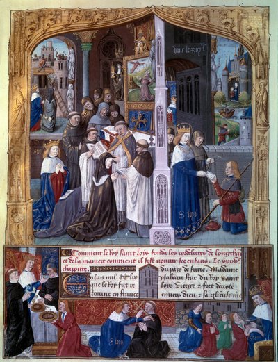 Kong Ludvig IX (1214-1270) (Saint Louis) fik bygget Abbey Cordeliere de Longchamp i skoven Rouvray (Boulogne) i 1255, scener af kristen velgørenhed af King Miniature taget fra et manuskript "The Book of Facts Monseigneur Saint Louis" "15. århundrede af Unknown artist