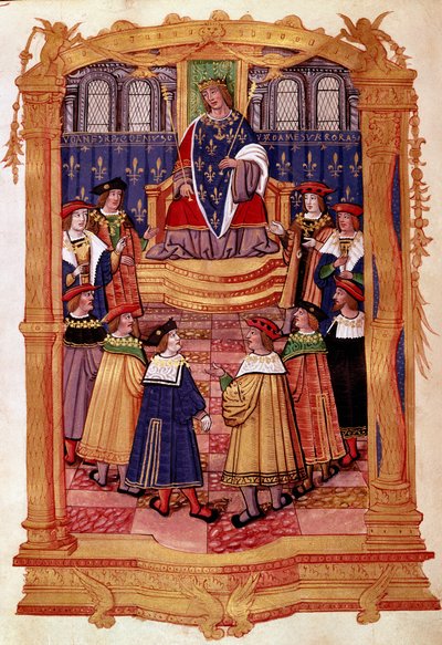 Kong Ludvig XI (1423-1483) og ridderne af Sankt Mikaelsordenen Miniature fra manuskriptet "" Statutter for Sankt Mikaelsordenen"" 1400-tallets Milano, Biblioteca Trivulziana af Unknown artist