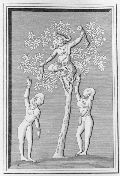 Krishna flyver med to gopis. indgravering i ""Ancient and Modern Monuments of Hindustan"" af L.M. Langles, Paris 1821. af Unknown artist