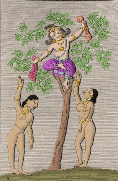 Krishna flyver med to gopis. indgravering i ""Ancient and Modern Monuments of Hindustan"" af L.M. Langles, Paris 1821. af Unknown artist