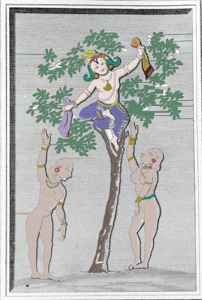 Krishnah stjæler kjolerne fra to gopi. L. M. Langlès: "" Gamle og moderne monumenter i Hindustan" Paris af Unknown artist