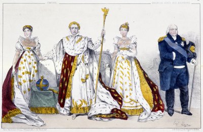 Imperiet og Bourbonerne: Josephine de Beauharnais (1763-1814) og Napoleon I Bonaparte (1769-1821), Marie Josephine de Savoie (1753-1810) og Louis XVIII dit Le Desire (1755-1824) - Plade udtrukket fra konger og Dronninger af Frankrig i tryk, Paris, red. Sch af Unknown artist
